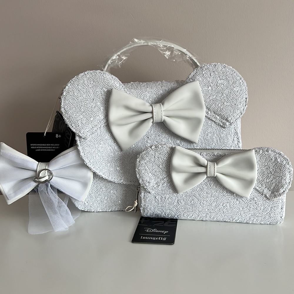 NEW SET Loungefly Minnie Mouse Sequin Wedding Crossbody Bag and wallet - Picture 3 of 16